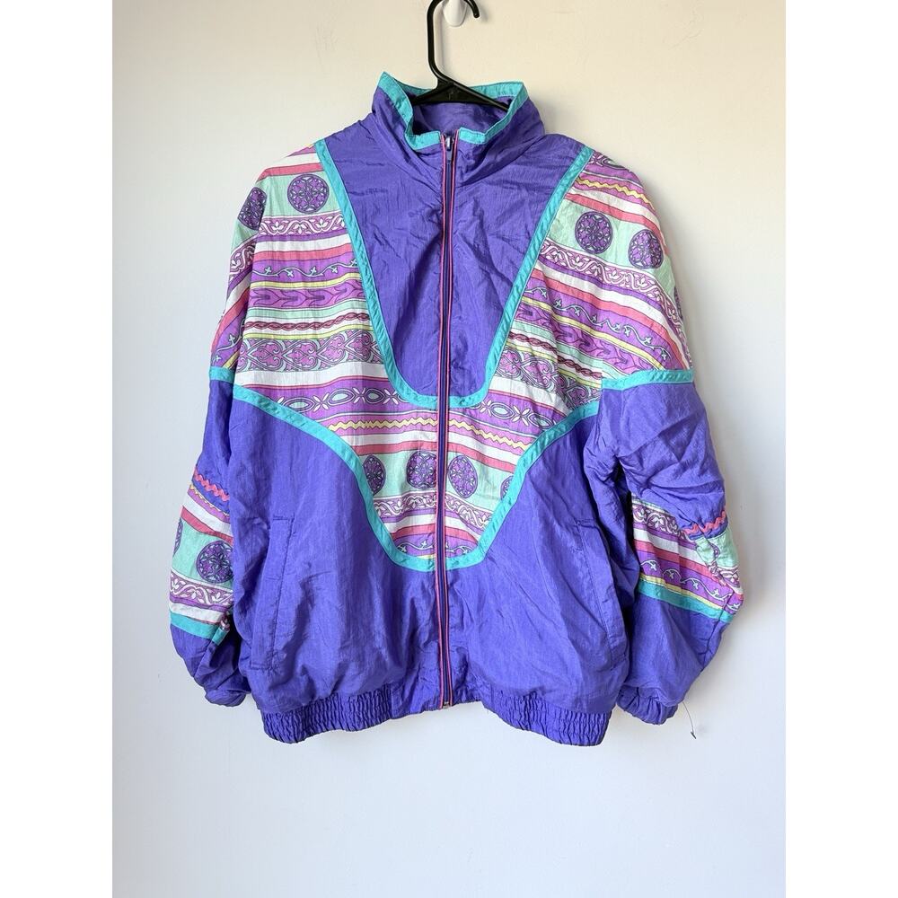 Bold Spirit Jacket Womens M Purple Floral 80s Streetwear Vintage Windbreaker